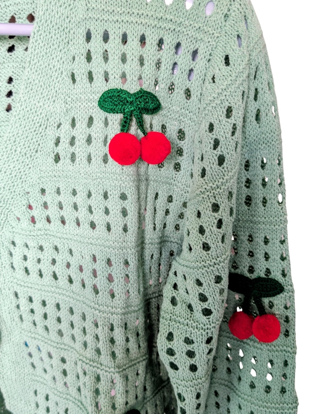 Coquette Cherry Knit Cardigan Mint Green Tie Front Cropped Pointelle Sweater - Picture 7 of 11